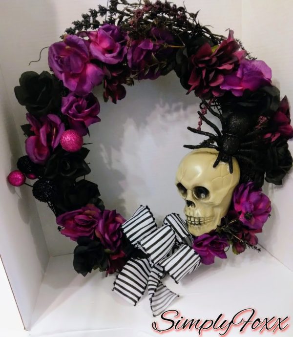 Purple and Black Skeleton head grapevine wreath