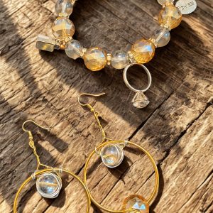 Golden Citrine Crystal Jewelry Set – Bracelet & Hoop Earrings – Handmade Boho Chic