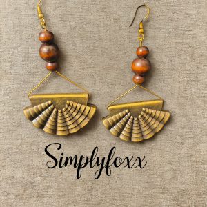 Golden Fan Earrings with Wooden Beads